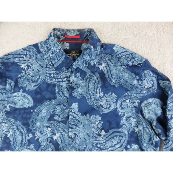 Mens Bugatchi Uomo Long Sleeve Button Front Shirt Size L Paisley Blue All Over - Picture 3 of 8
